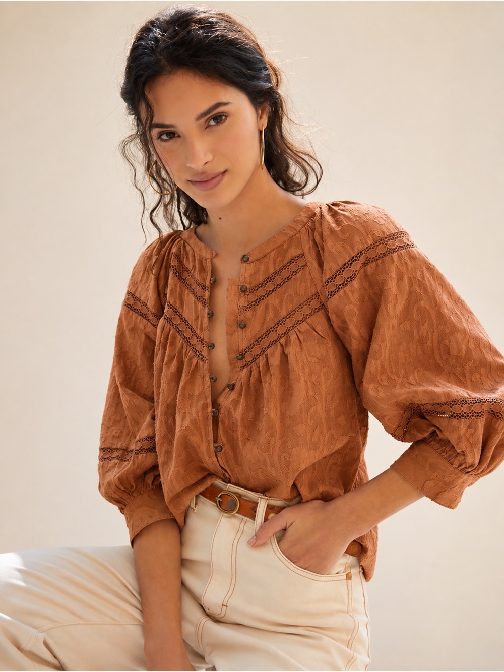 Anthropologie Burnt Orange Lace-Trim Peasant Button Blouse
